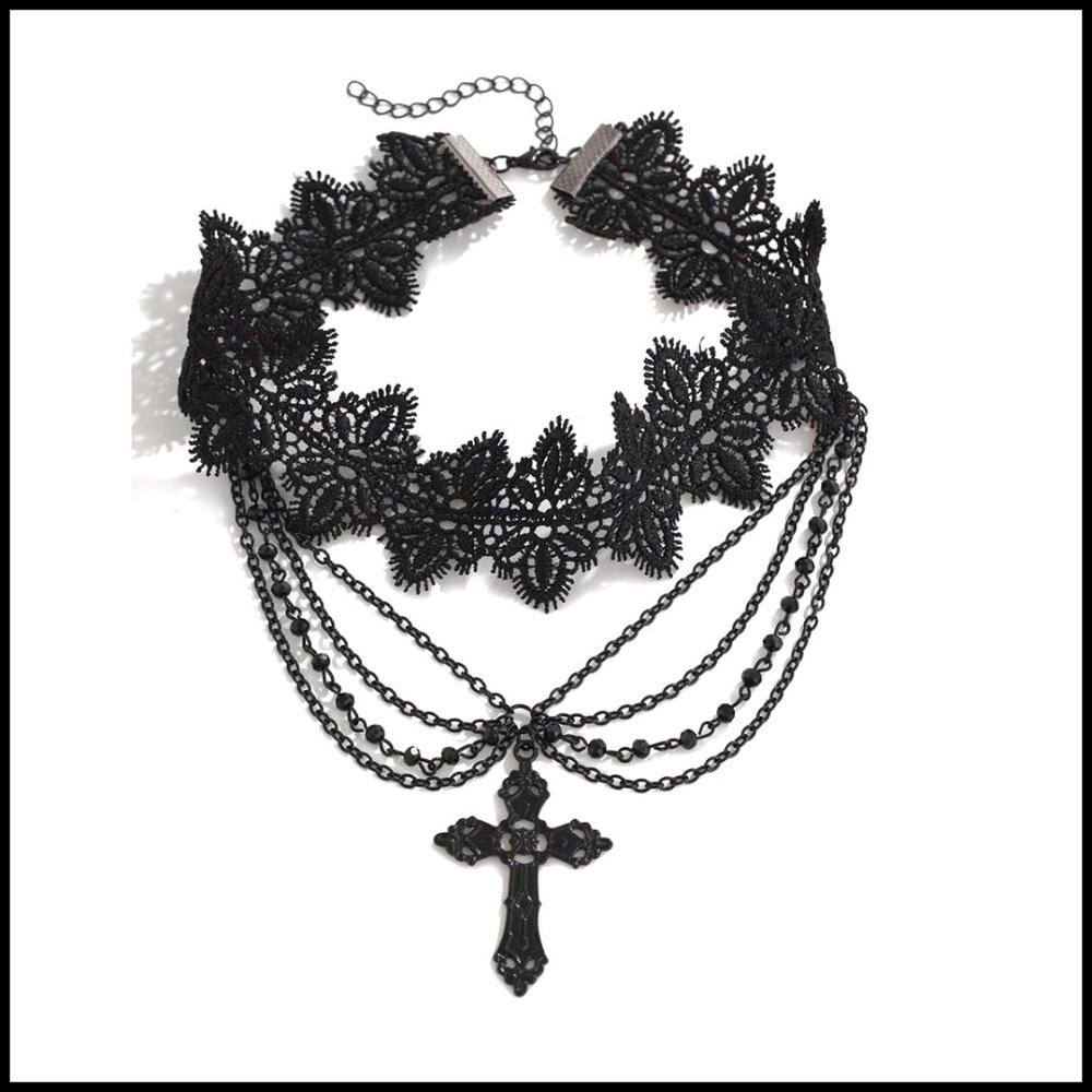 Gothic Cross Layered Bead Choker Necklace Zinc Alloy Y2k Edgy Jewelry